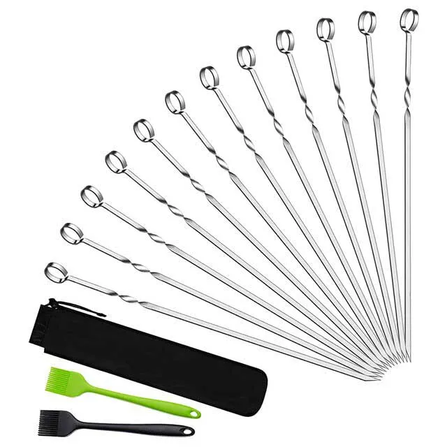 15pcs BBQ Skewers Set With Brush Barbecue Outdoor Grill Accessory