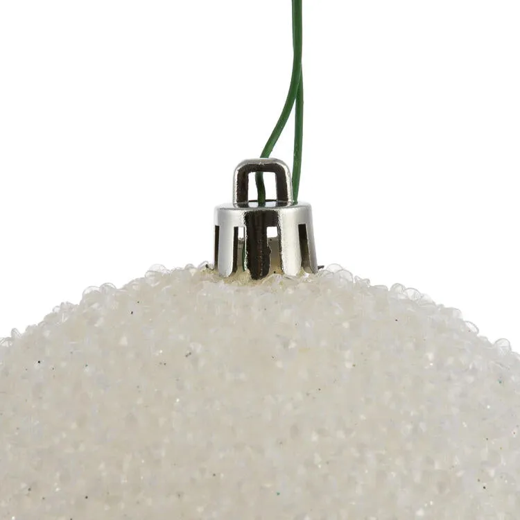 4" White Beaded Ball Ornaments with Drilled Caps 6 Per Bag