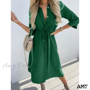 Amy Fashion - Fashion Pure Color Elegant Button Lace Up Midi Dress