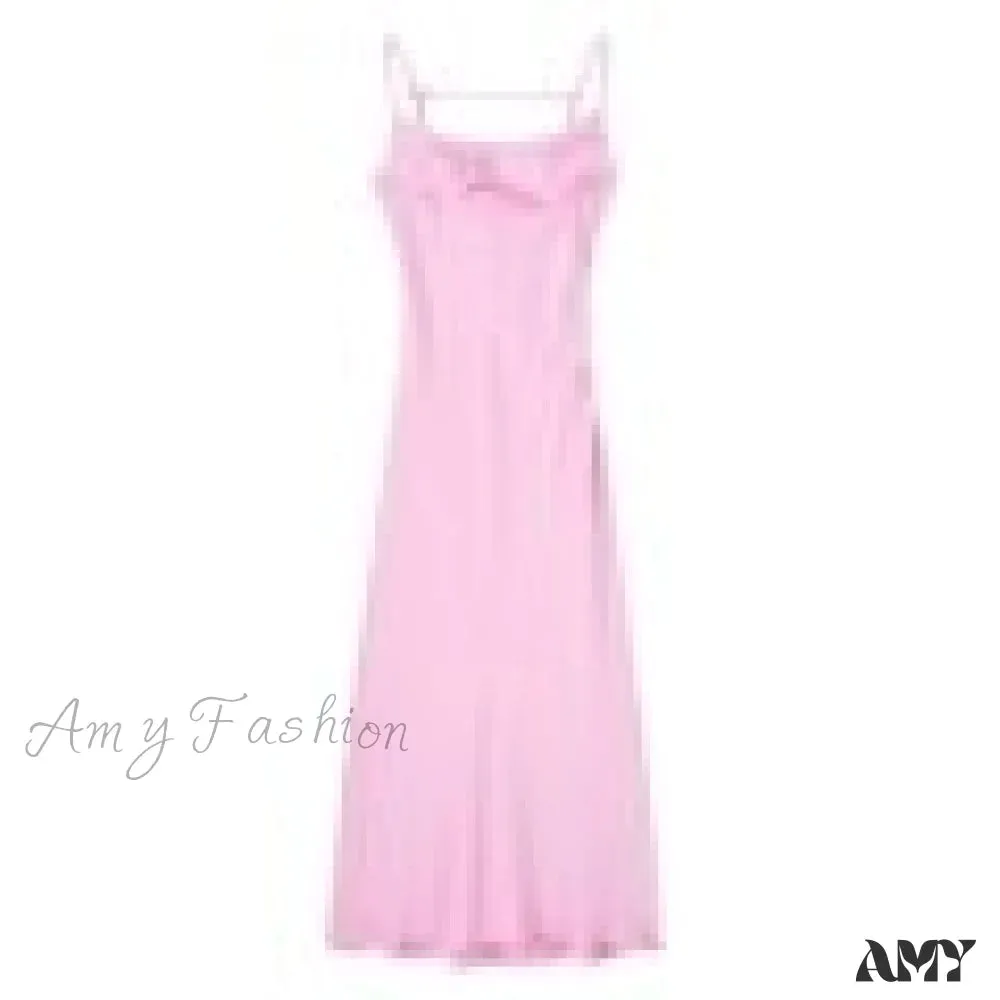 Amy Fashion - Satin Backless Spaghetti Strap A-Line High Waist Dress