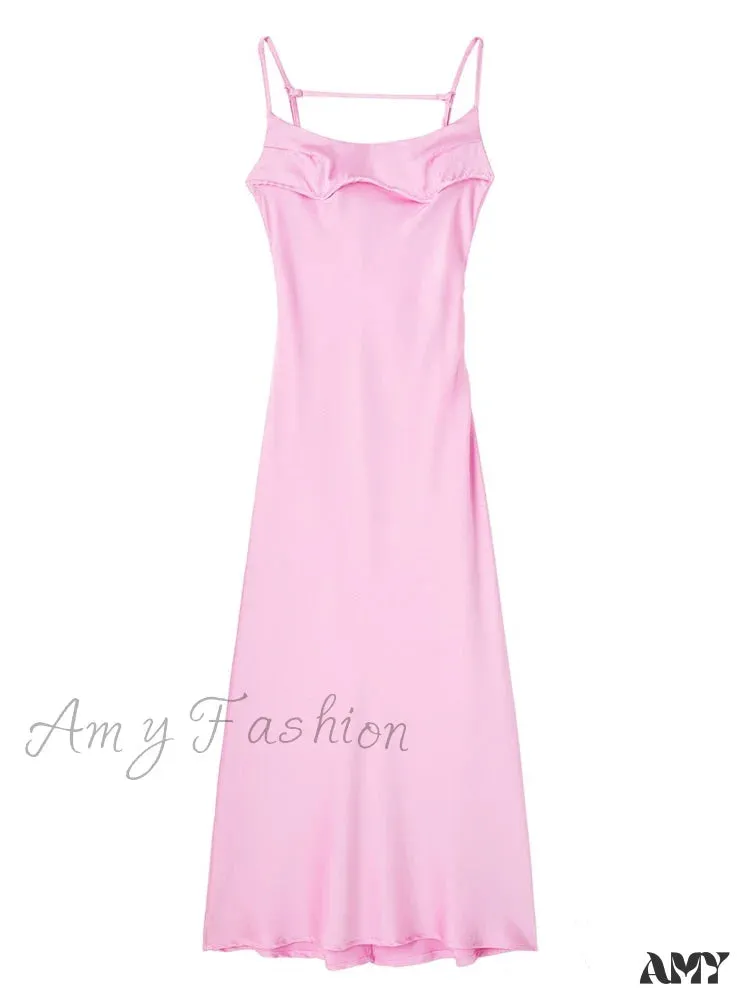 Amy Fashion - Satin Backless Spaghetti Strap A-Line High Waist Dress