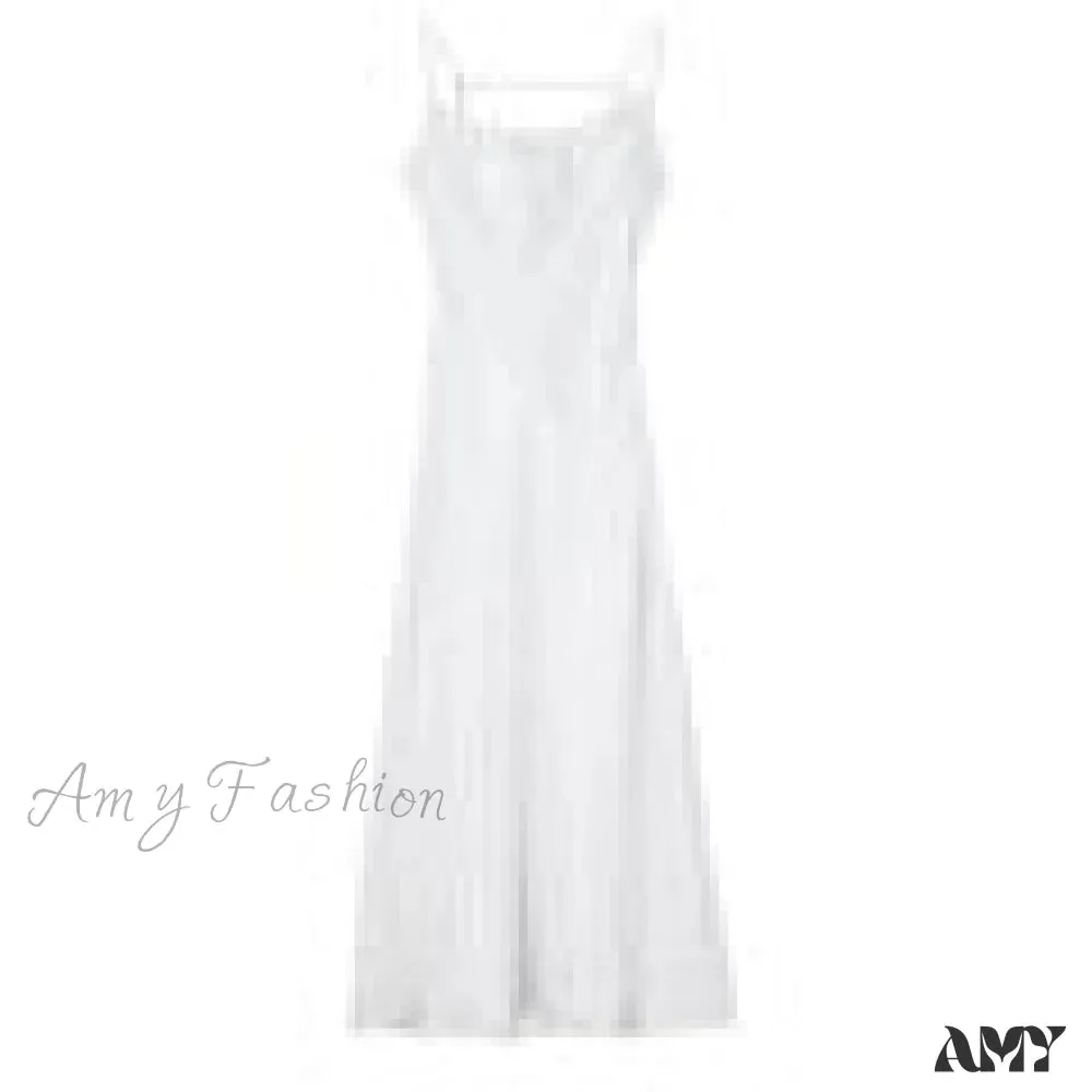 Amy Fashion - Satin Backless Spaghetti Strap A-Line High Waist Dress