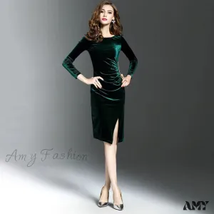 Amy Fashion - Velvet Long Sleeve Slim Side Split Dress