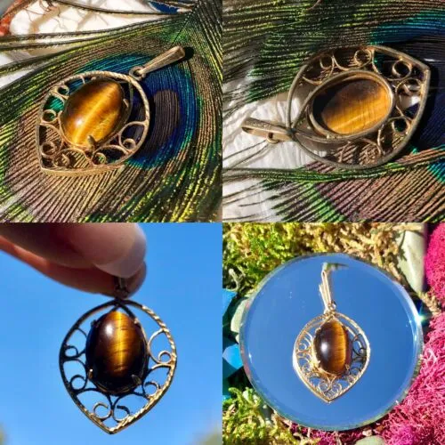 Antique 14K Yellow Gold Tiger's Eye Gemstone Ornate Pendant 3.45g