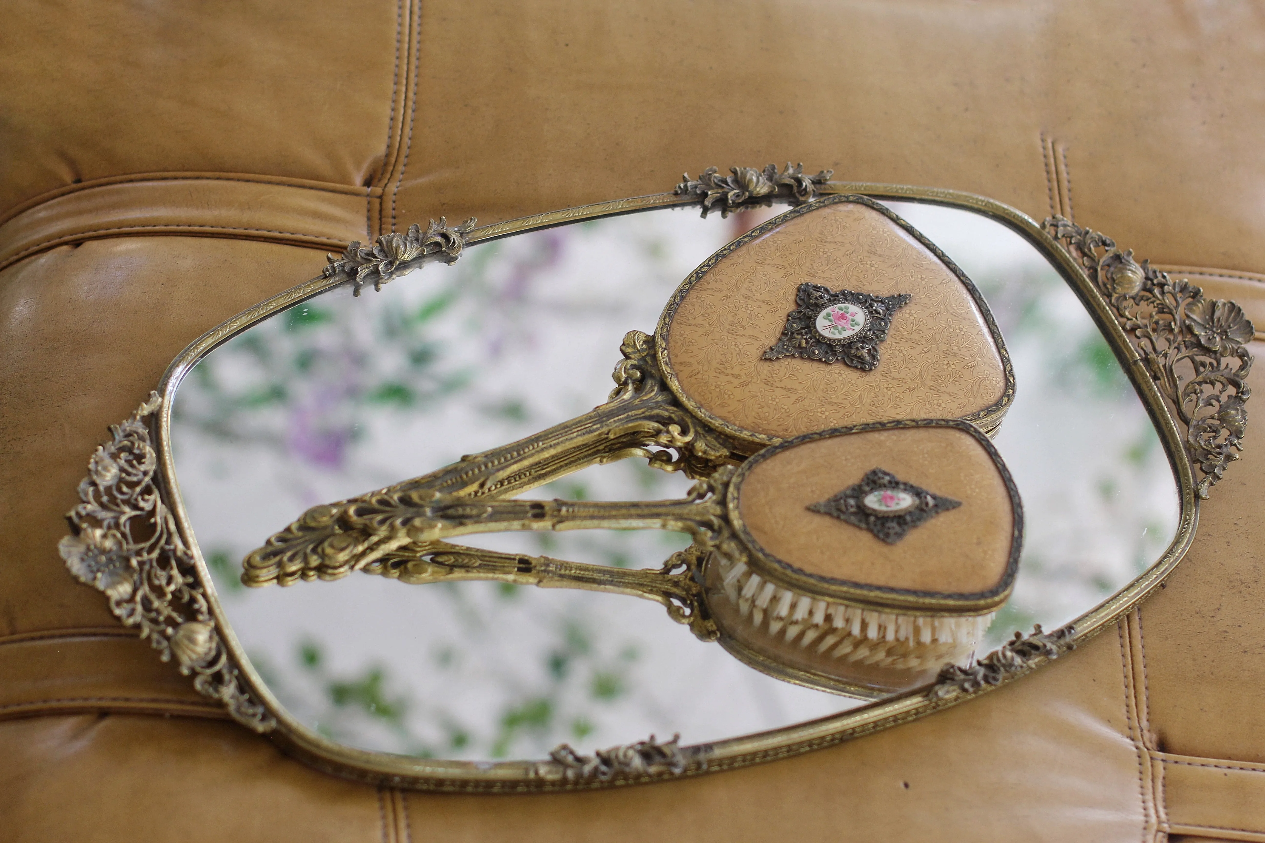 Antique Floral Gold Brocade Vanity Set