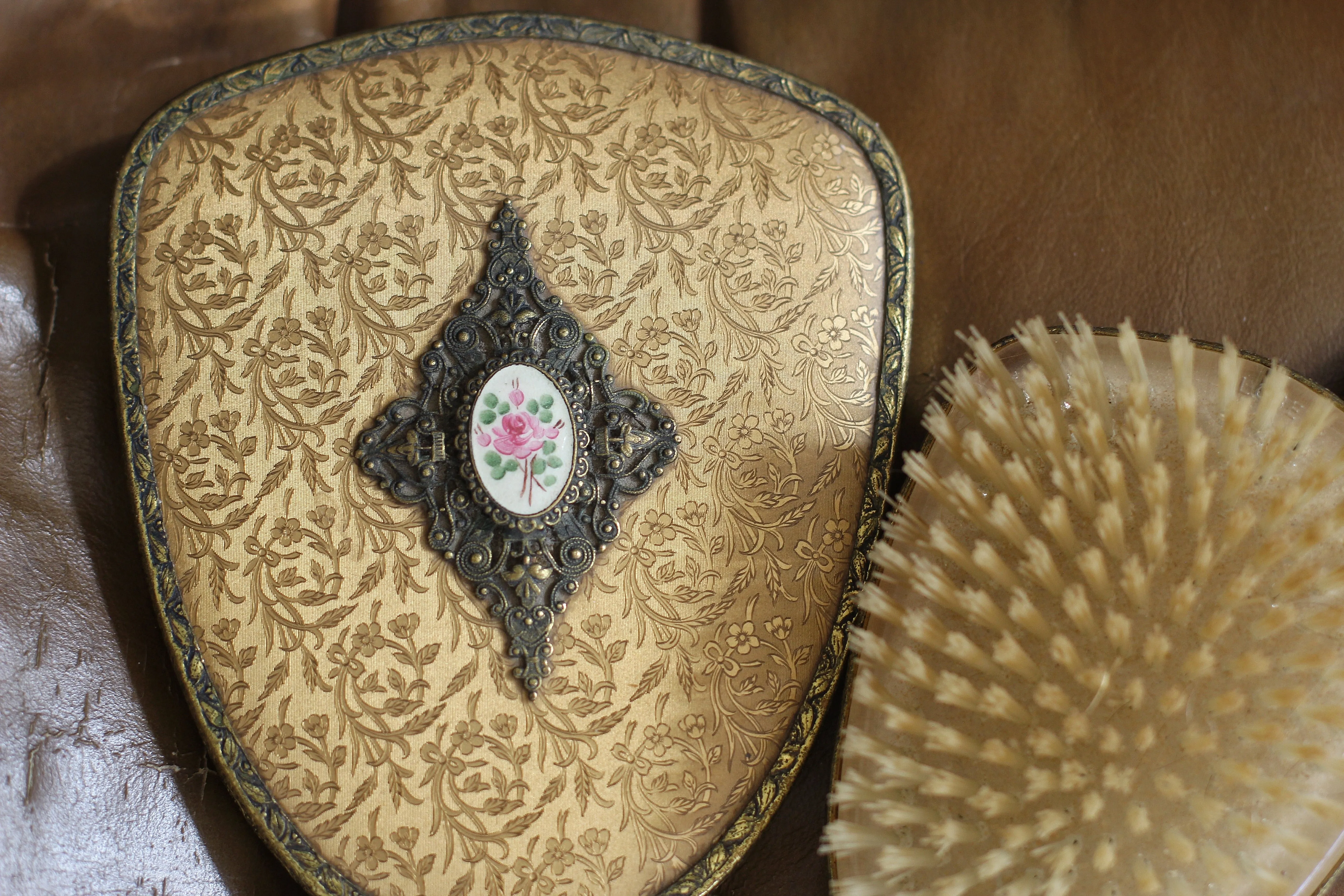 Antique Floral Gold Brocade Vanity Set