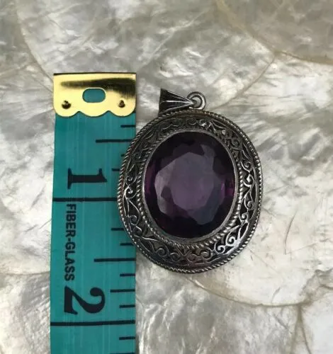 Antique Sterling Silver Ornate 925 Flourite Purple Blue Faceted Pendant