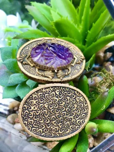 Antique WL Walter Lampl Amethyst Gem Stone Brass Jeweled Ornate Trinket Pill Box