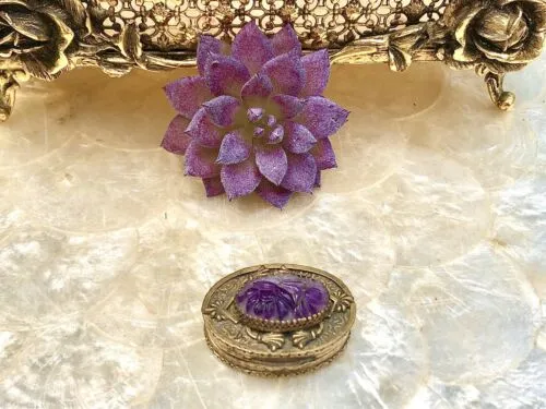 Antique WL Walter Lampl Amethyst Gem Stone Brass Jeweled Ornate Trinket Pill Box