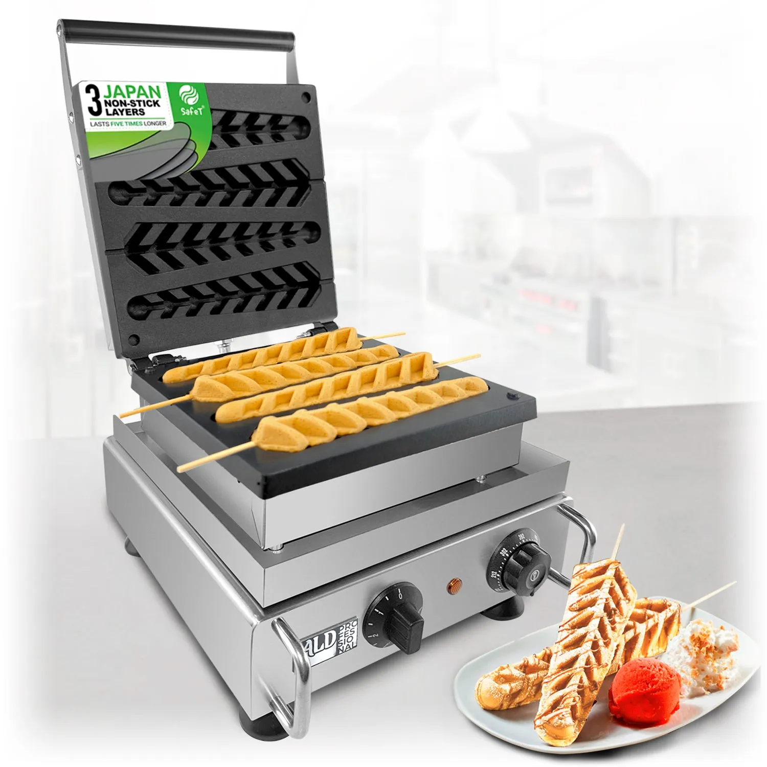 AP-492 Waffle Stick Maker | Electric Commercial Iron | 4 Pcs | Stainless Steel | Nonstick