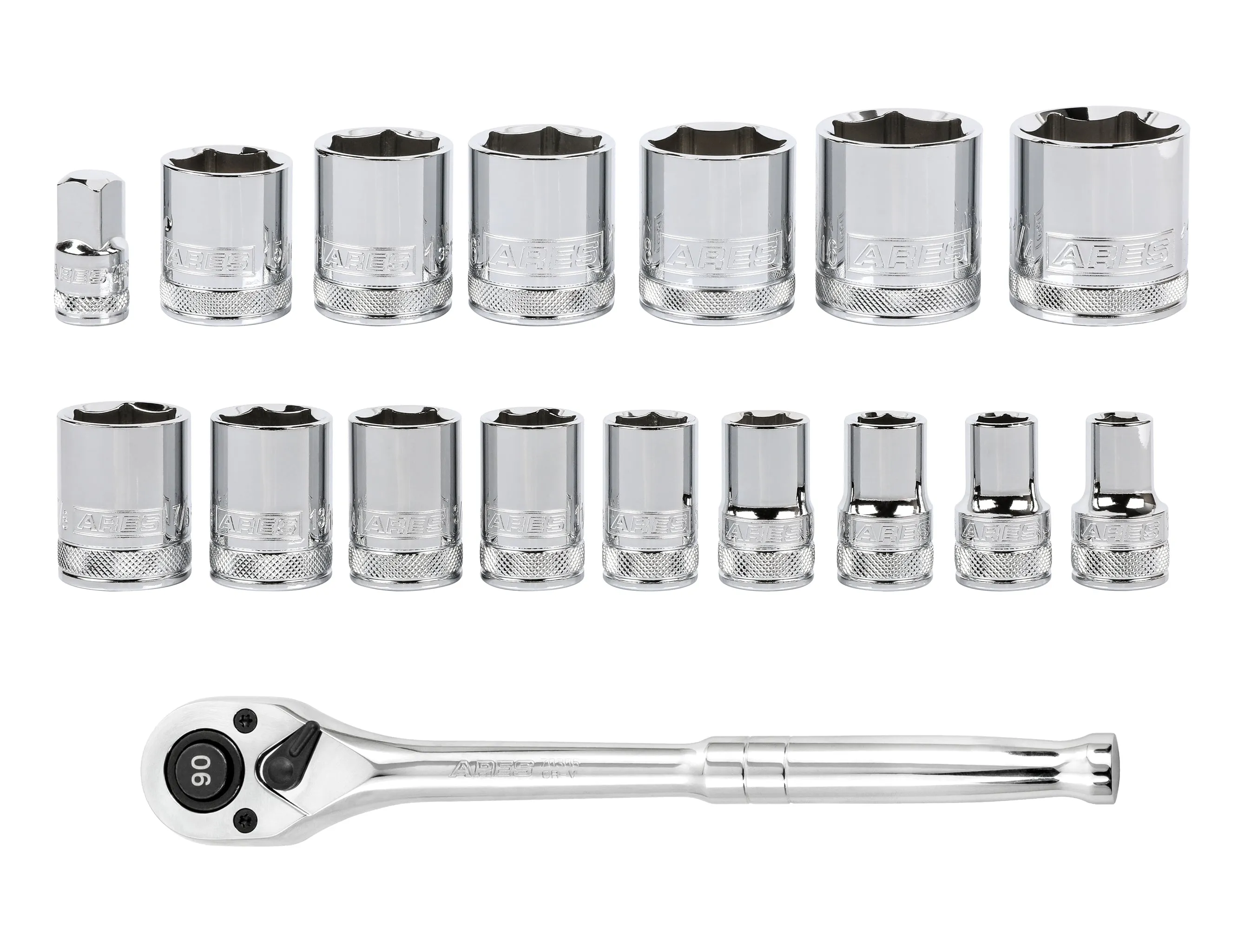 ARES 47008 - 18-Piece 1/2-inch Drive SAE Socket and 90-Tooth Ratchet Set with Magnetic Organizer