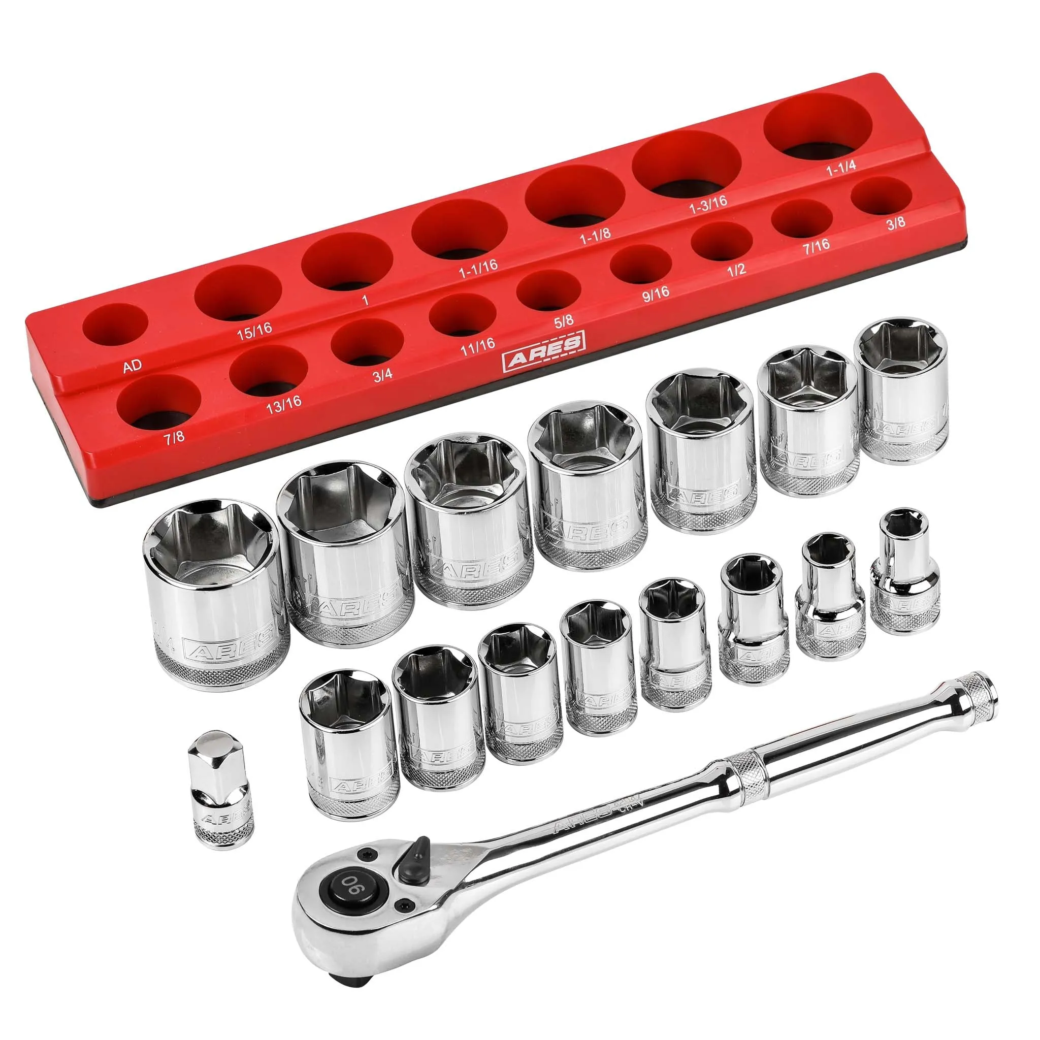 ARES 47008 - 18-Piece 1/2-inch Drive SAE Socket and 90-Tooth Ratchet Set with Magnetic Organizer