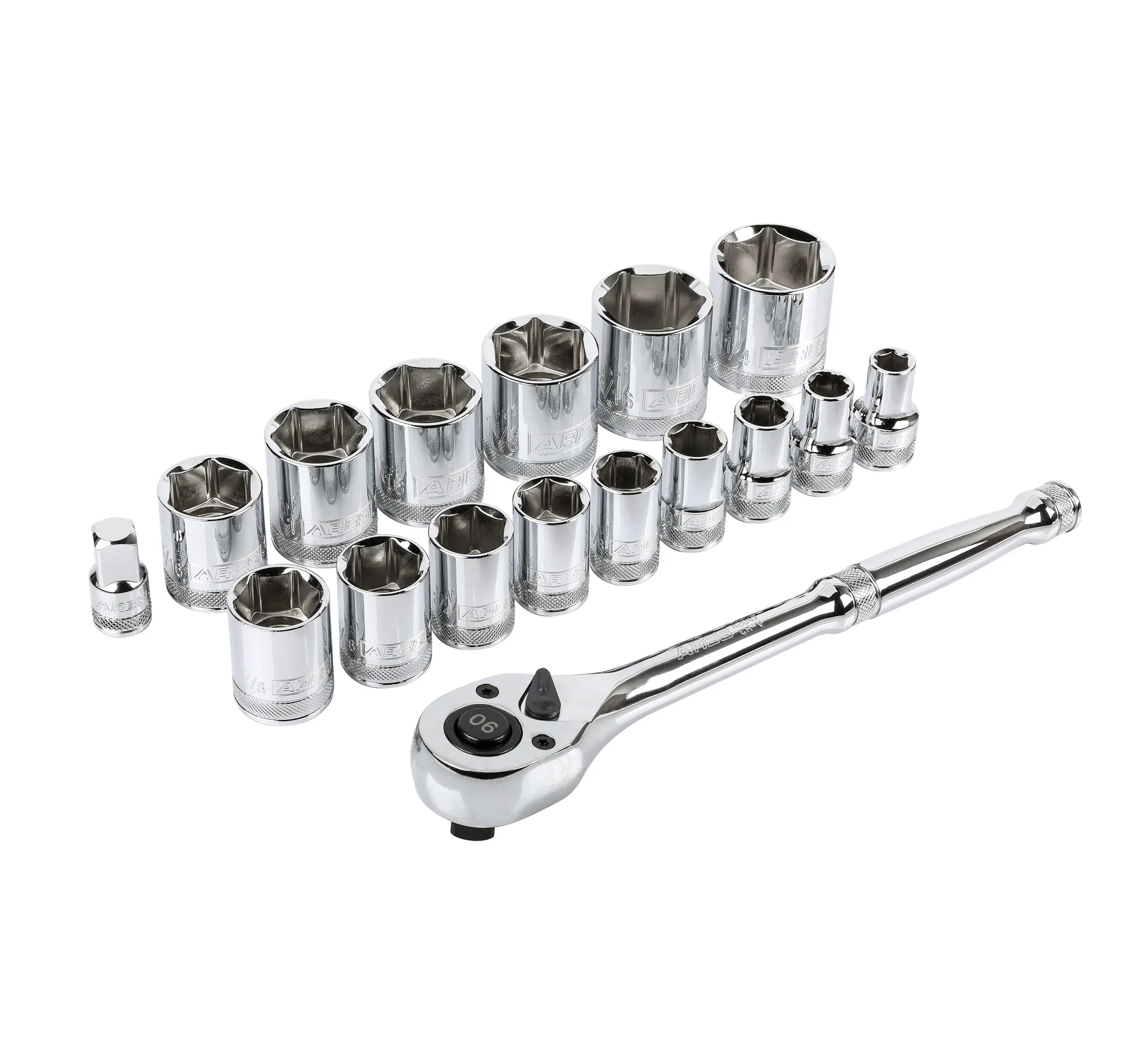 ARES 47008 - 18-Piece 1/2-inch Drive SAE Socket and 90-Tooth Ratchet Set with Magnetic Organizer