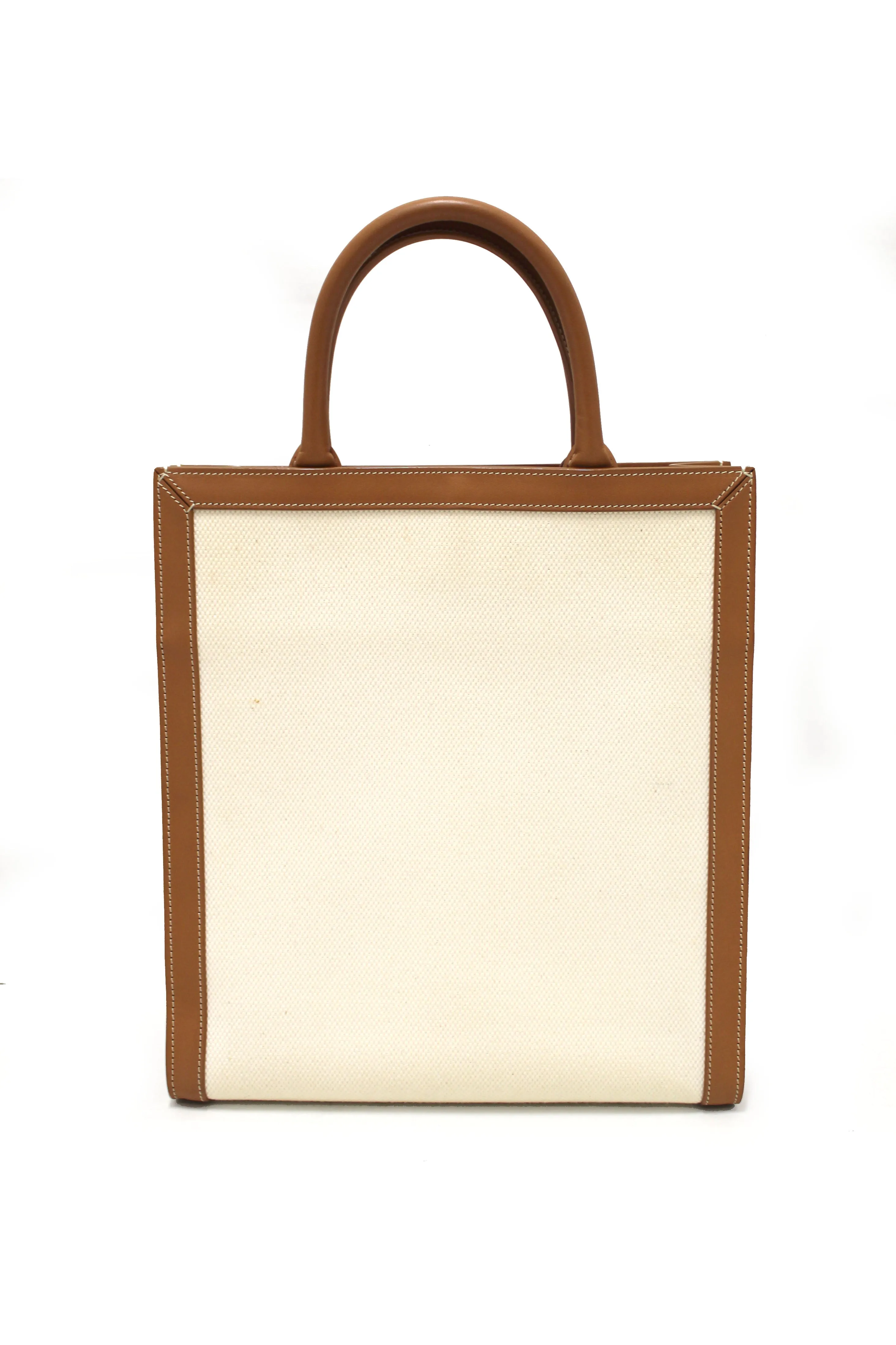 Authentic Celine Beige Canvas with Brown Calfskin Logo Print Small Vertical Cabas