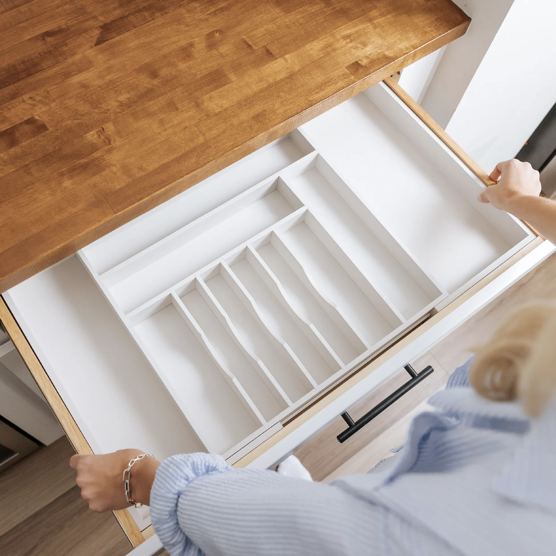 Bamboo Drawer Organizer for Silverware & Utensils - White Finish (Expands 18.5-33in)