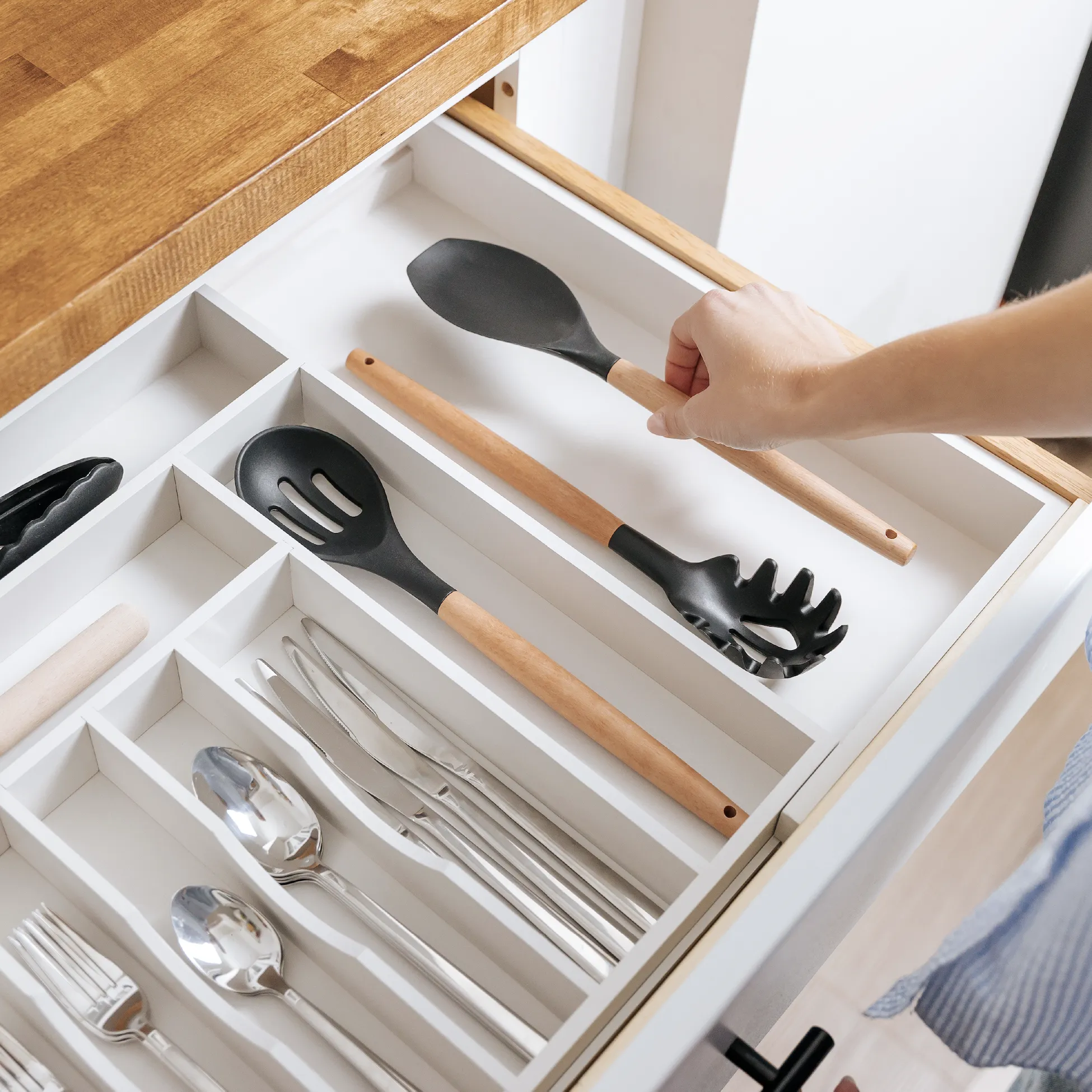 Bamboo Drawer Organizer for Silverware & Utensils - White Finish (Expands 18.5-33in)