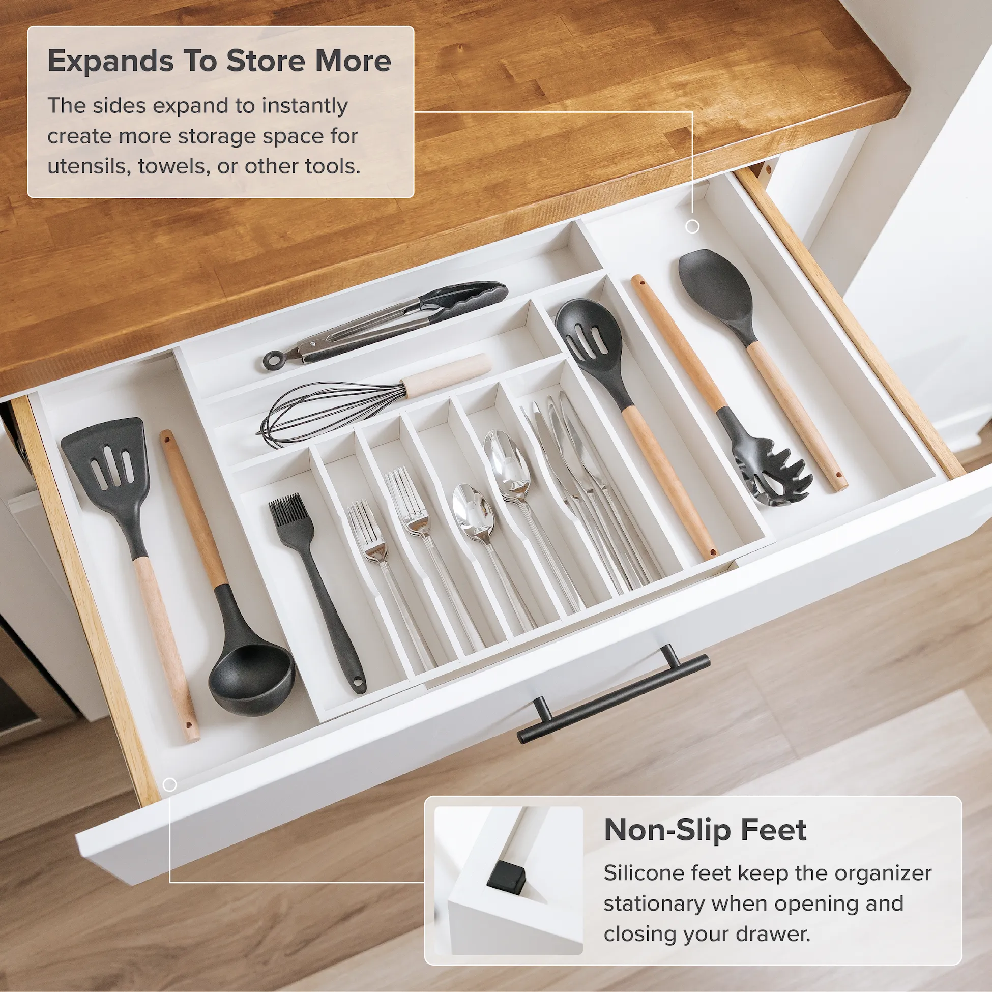 Bamboo Drawer Organizer for Silverware & Utensils - White Finish (Expands 18.5-33in)