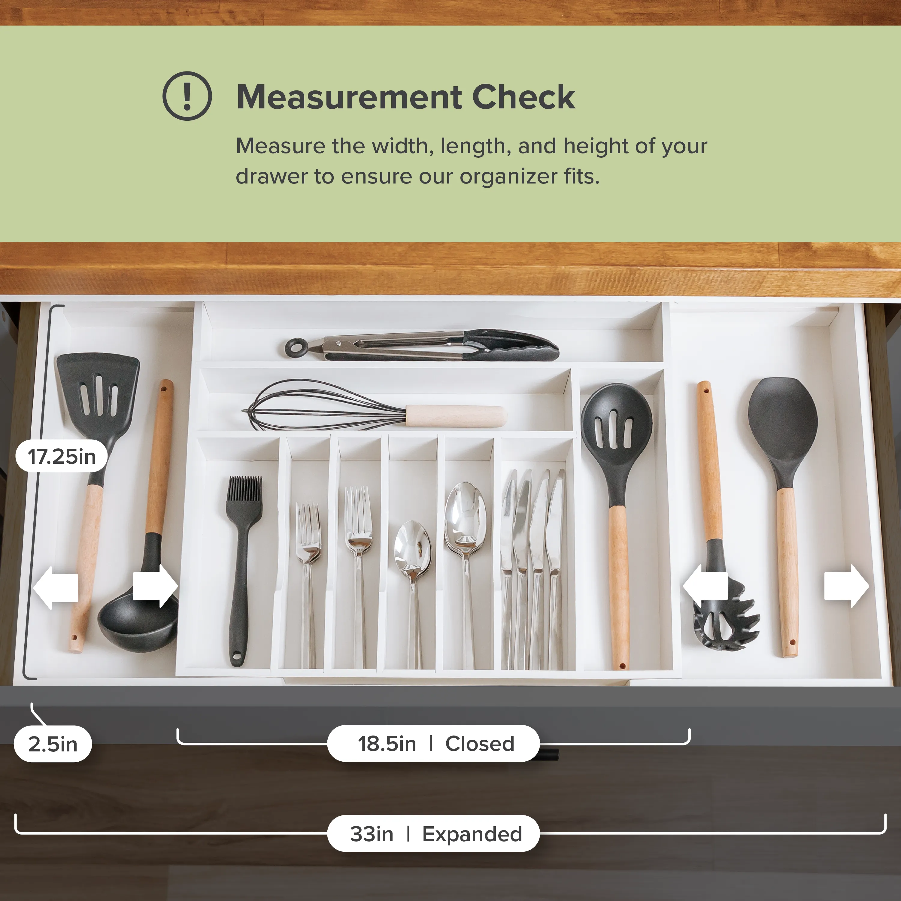 Bamboo Drawer Organizer for Silverware & Utensils - White Finish (Expands 18.5-33in)