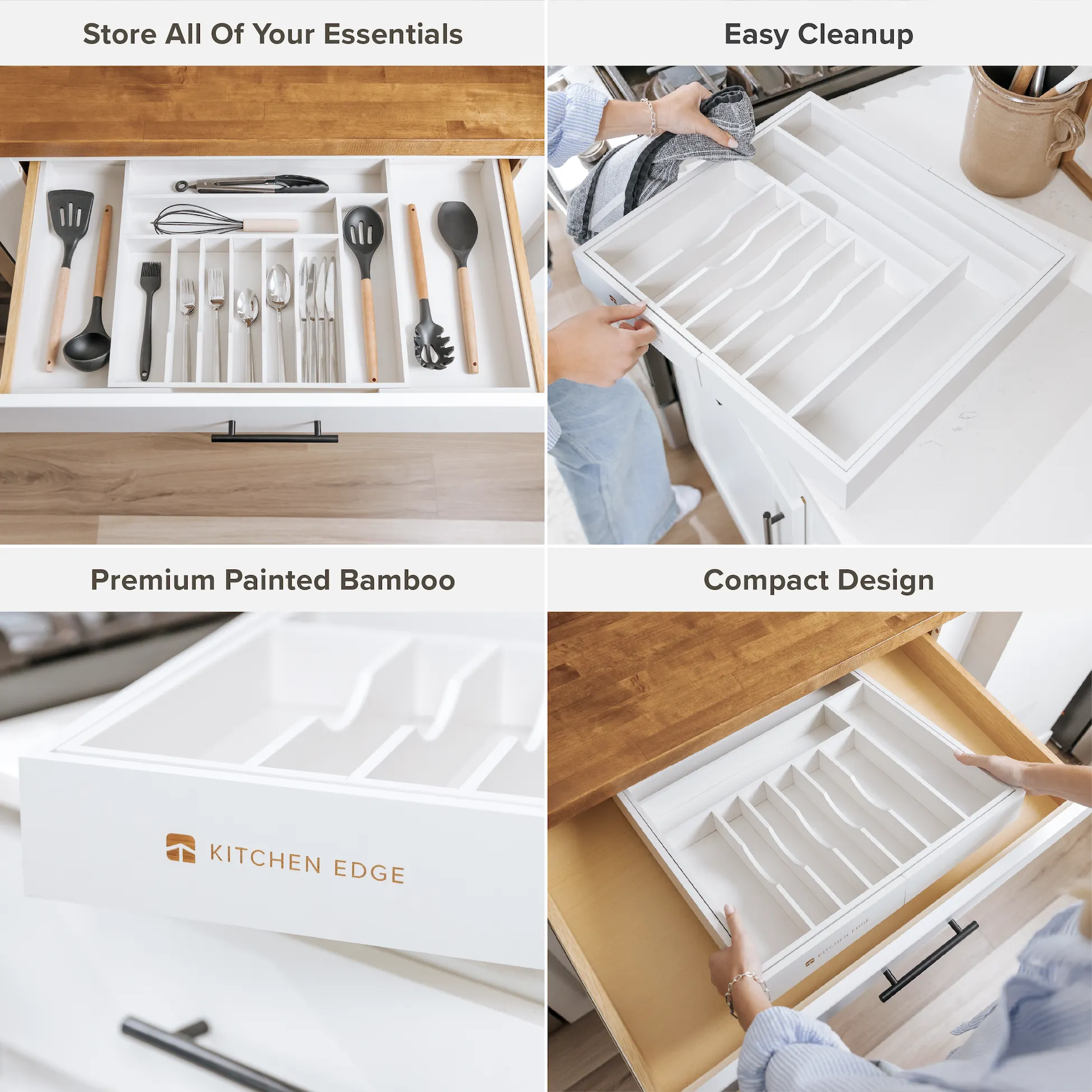 Bamboo Drawer Organizer for Silverware & Utensils - White Finish (Expands 18.5-33in)