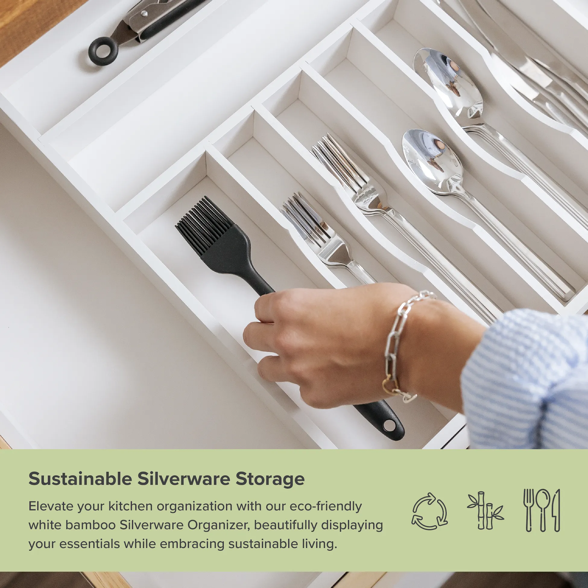 Bamboo Drawer Organizer for Silverware & Utensils - White Finish (Expands 18.5-33in)