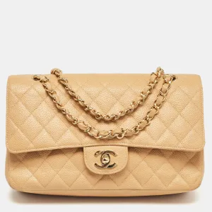 Beige Caviar Leather Medium Classic Double Flap Bag