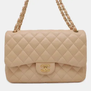 Beige Leather Classic Double Flap Jumbo Shoulder Bags