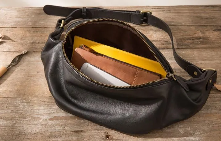 Black Leather Fanny Packs Mens Waist Bag Hip Pack Belt Bag for Men