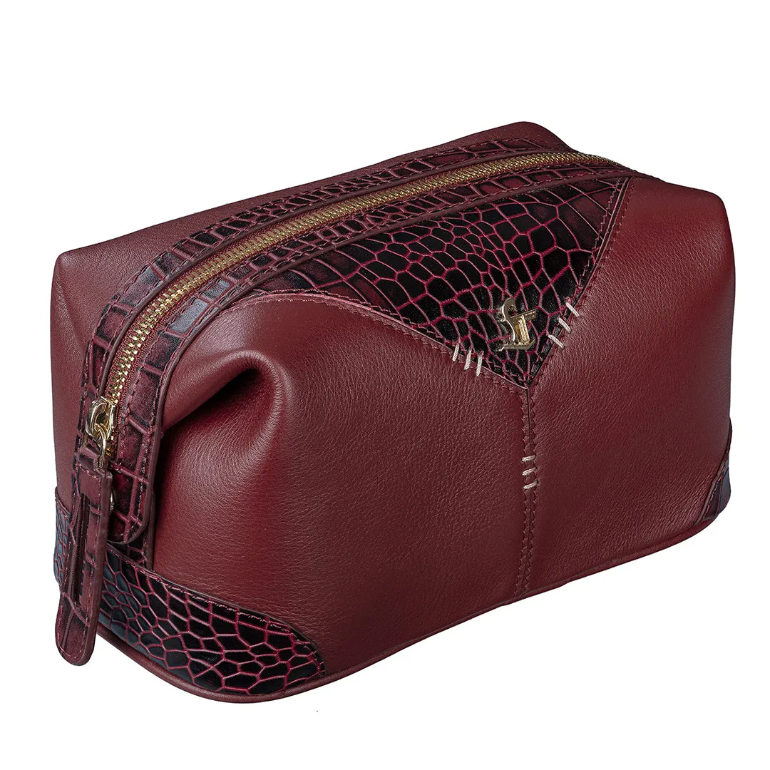 Bom Leather Toiletry / Shaving Kit Bag | For Carrying Grooming Essentials & Travel  | Color: Croco Cherry