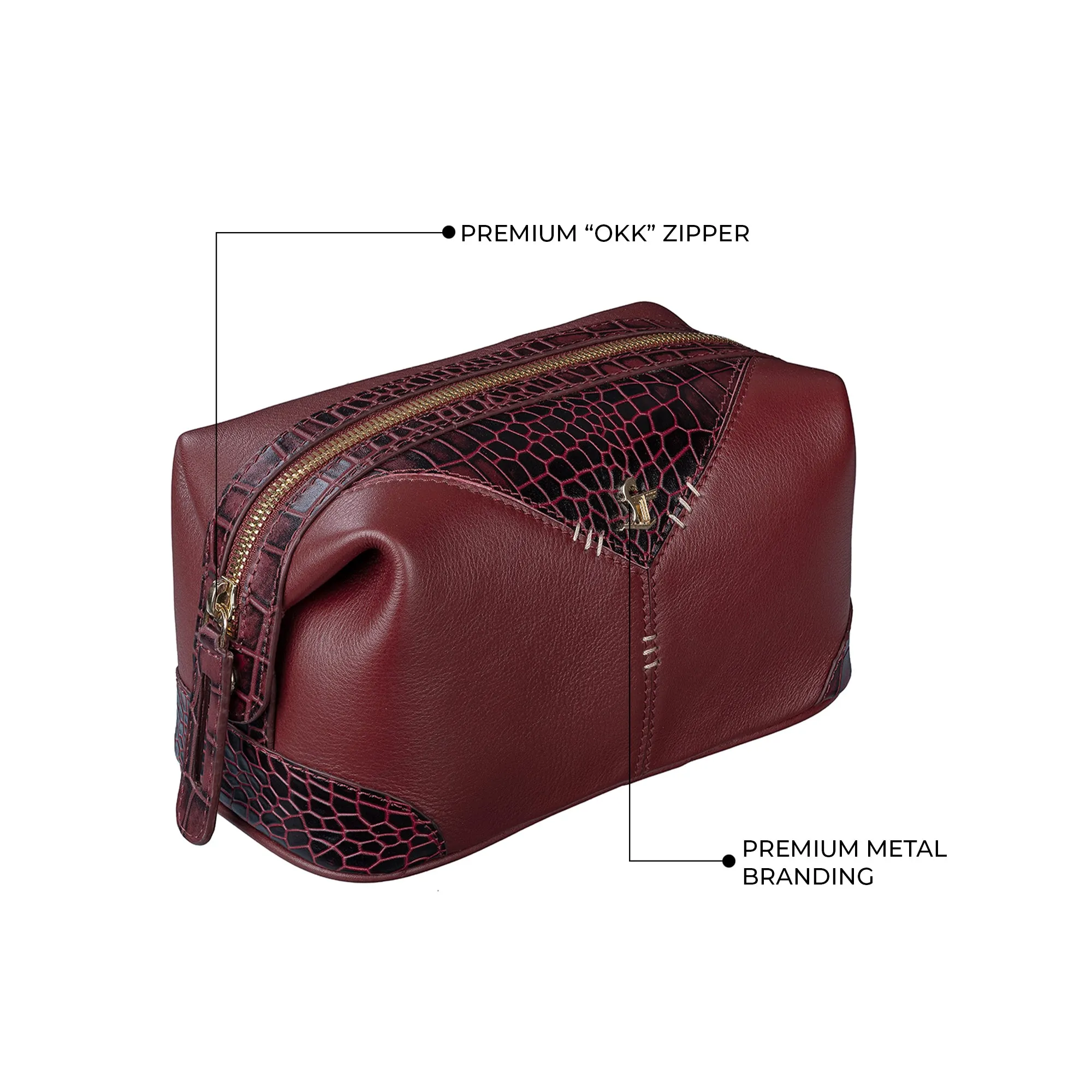 Bom Leather Toiletry / Shaving Kit Bag | For Carrying Grooming Essentials & Travel  | Color: Croco Cherry