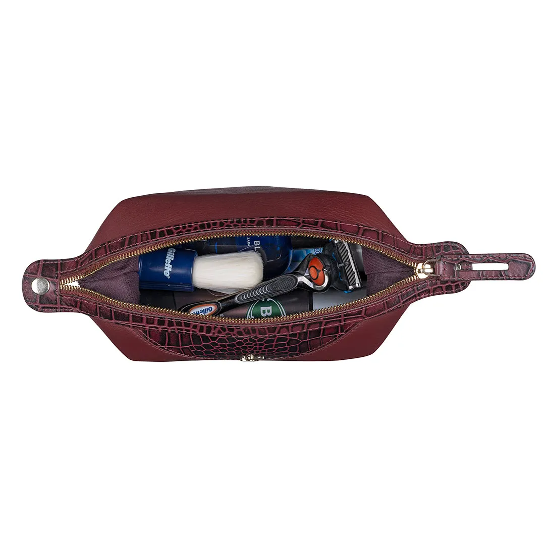 Bom Leather Toiletry / Shaving Kit Bag | For Carrying Grooming Essentials & Travel  | Color: Croco Cherry