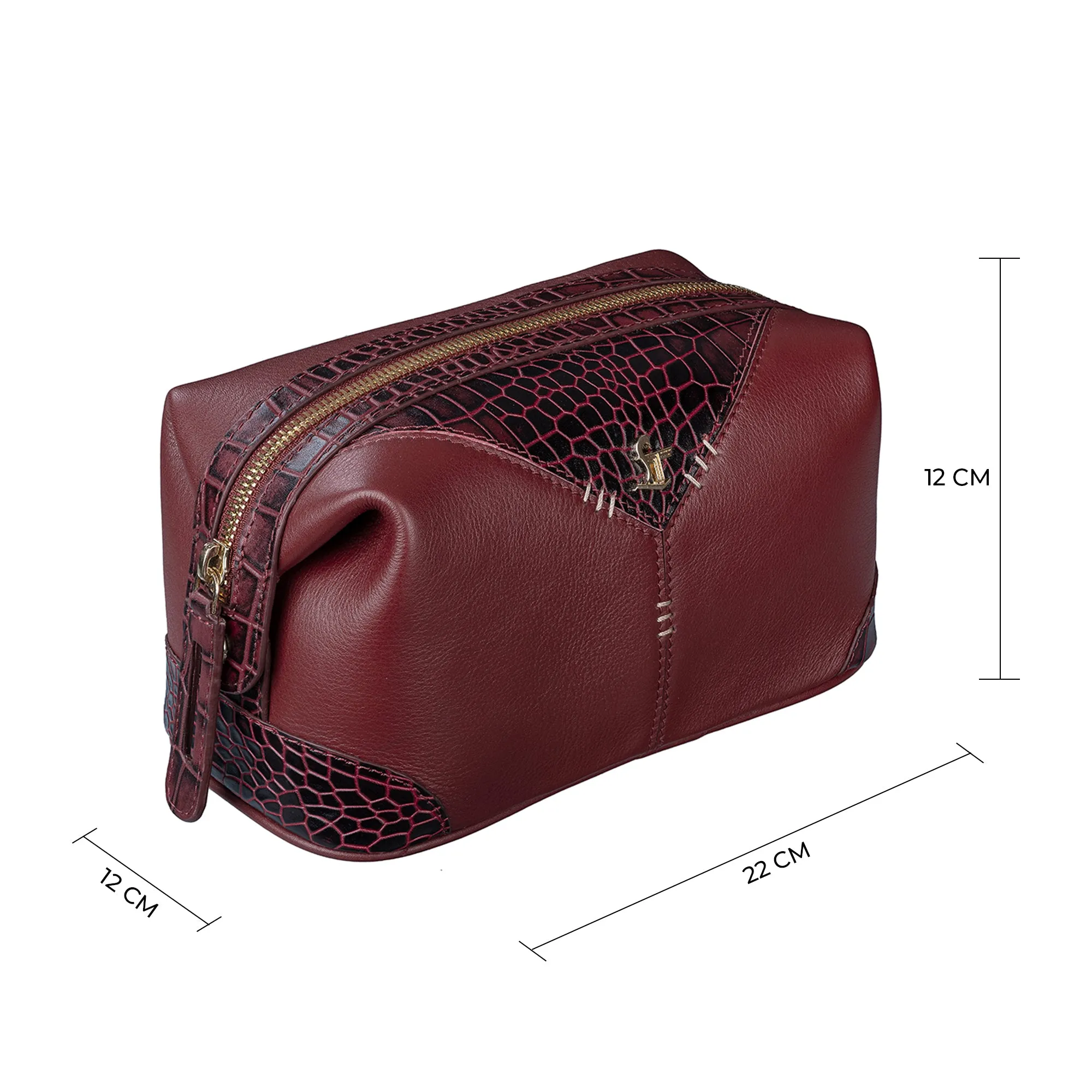 Bom Leather Toiletry / Shaving Kit Bag | For Carrying Grooming Essentials & Travel  | Color: Croco Cherry