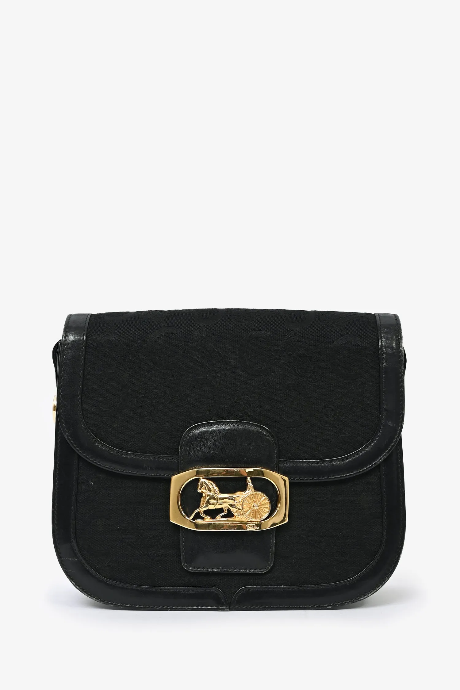 Celine Vintage Black Macadam Canvas Horse Carriage Shoulder Bag