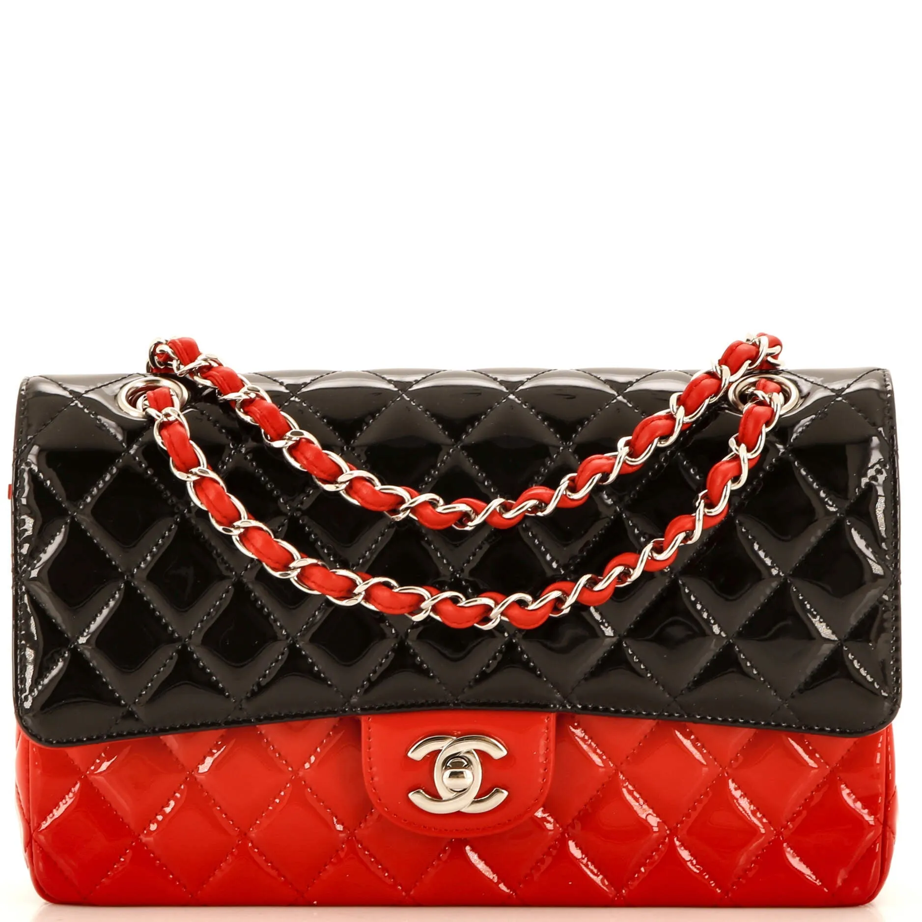 CHANEL Bicolor Classic Double Flap Bag Quilted Patent Medium