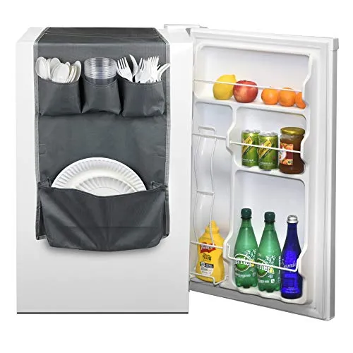 Classic Design – Dorm and office Double Over the Fridge Caddy Organizer, 11 Pocket Storage and Paper Goods Organizer, Flatware Storage Organizer, Gray