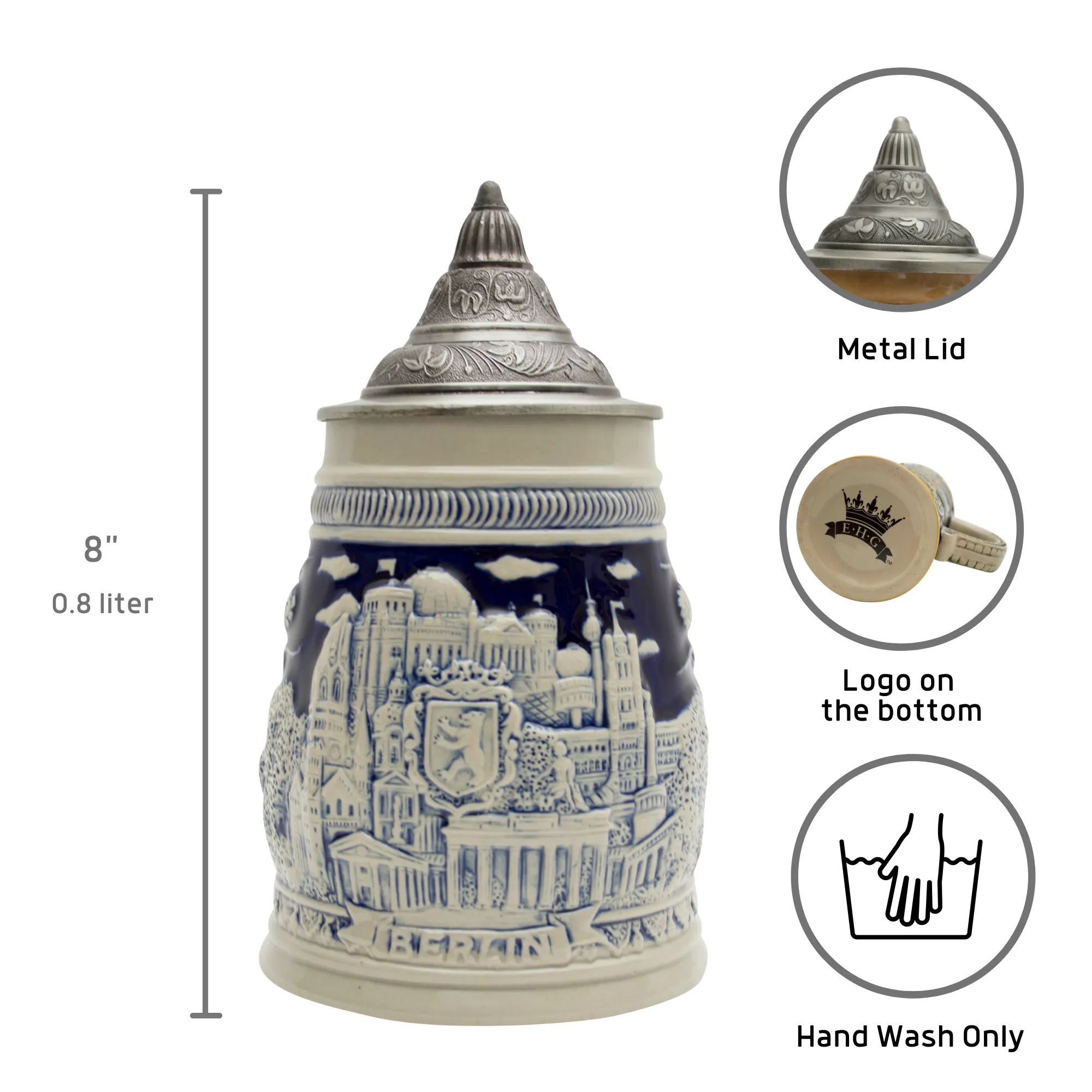 Cobalt Blue Landmarks of Berlin .8L Lidded German Beer Stein