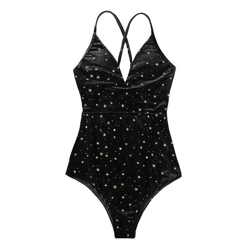 Cross back star pattern contrast v neck one piece swimwear