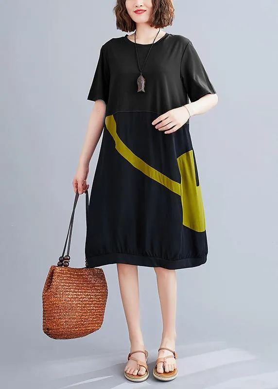 Elegant black Cotton Tunic o neck patchwork Dress