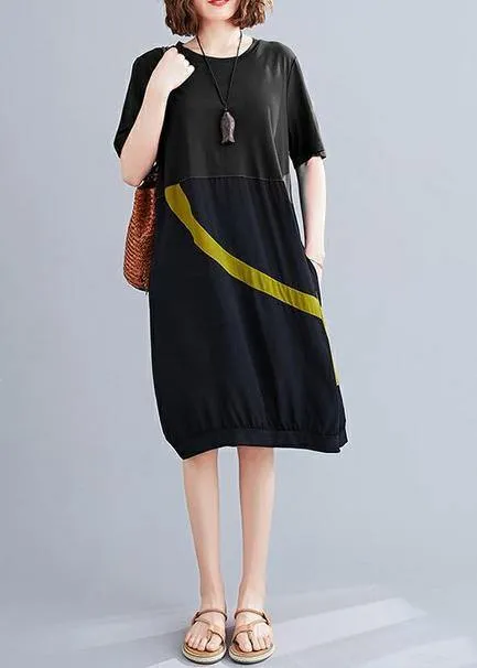 Elegant black Cotton Tunic o neck patchwork Dress