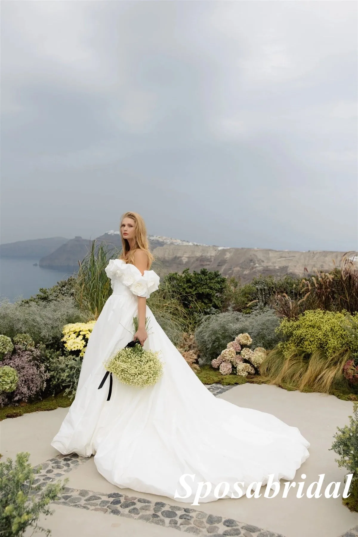 Elegant Satin Off Shoulder Sleeveless A-Line Long Wedding Dresses, WD3105