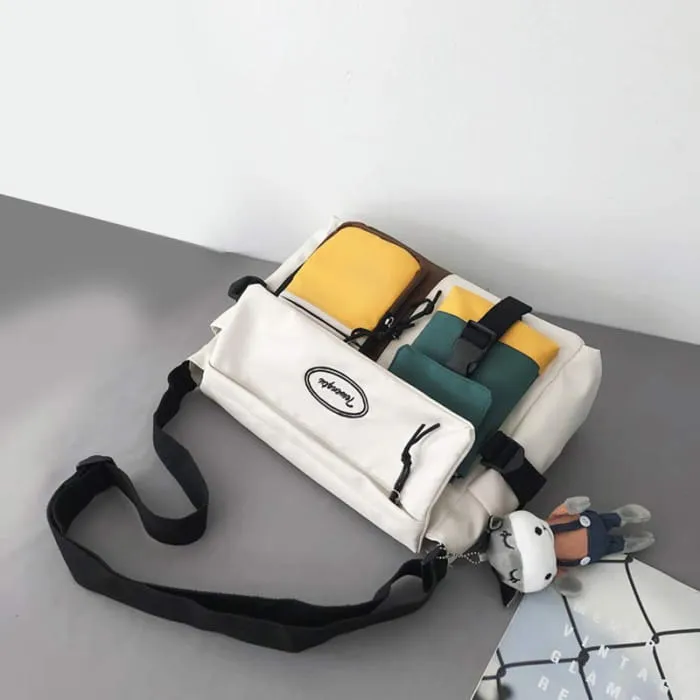 Fashion Colorblock Letter Print Canvas Crossbody Bag