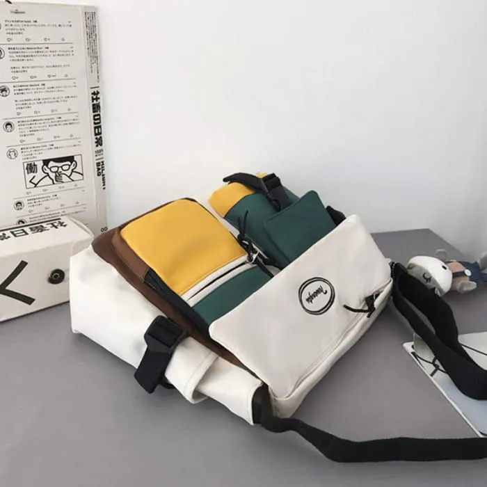 Fashion Colorblock Letter Print Canvas Crossbody Bag