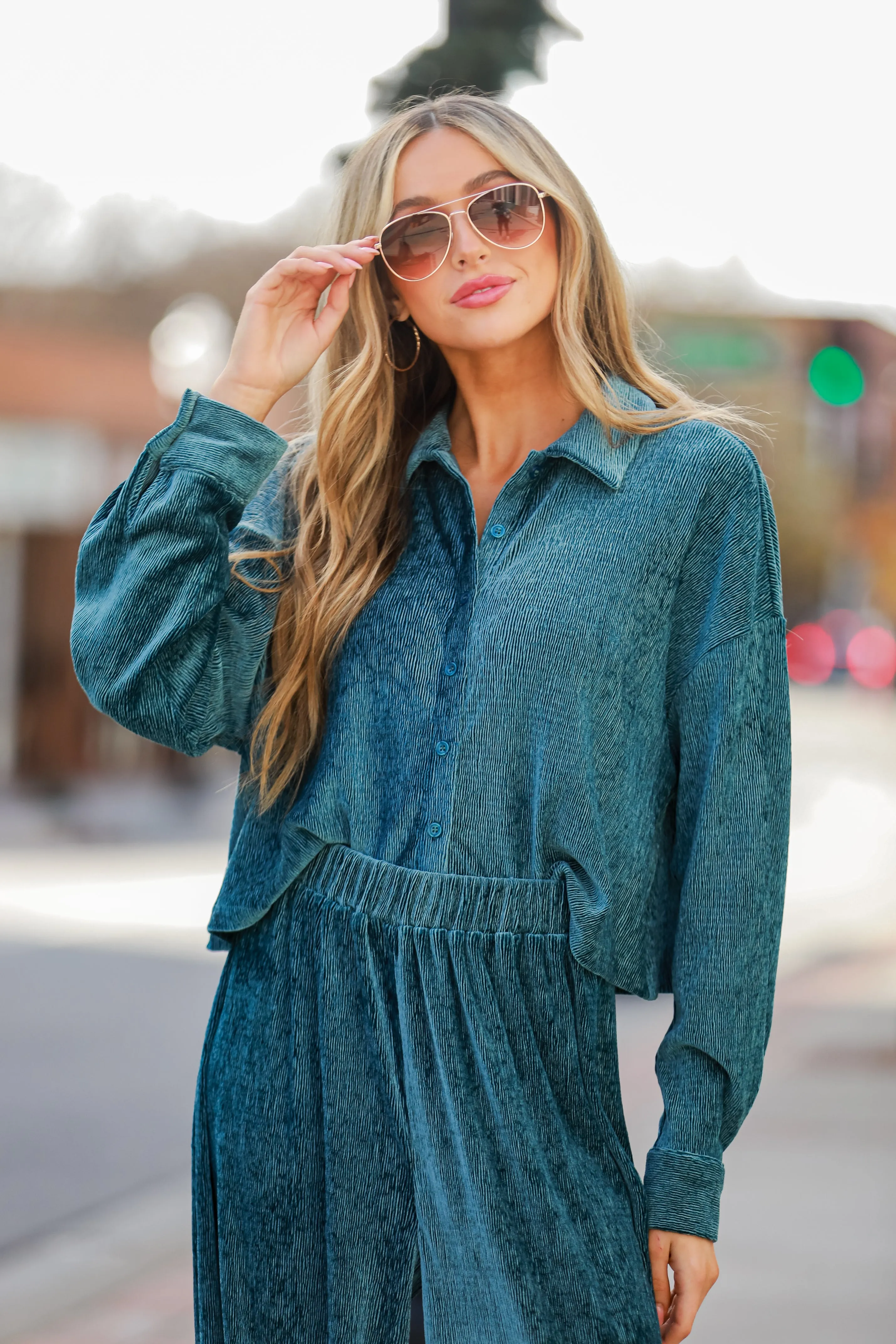 FINAL SALE - Luxurious Dream Teal Velvet Plisse Blouse