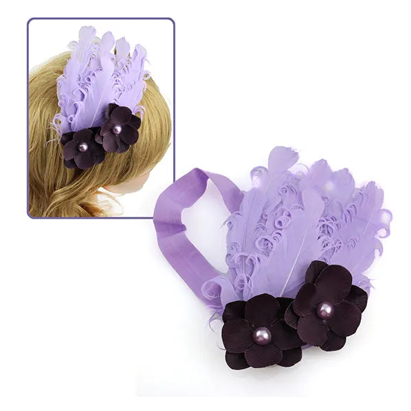 Girl's Lilac Stretch Headband Feather & Purple Flowers