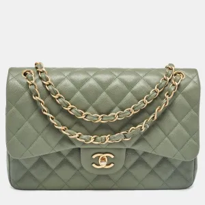 Green Quilted Caviar Leather Jumbo Classic Double Flap Bag