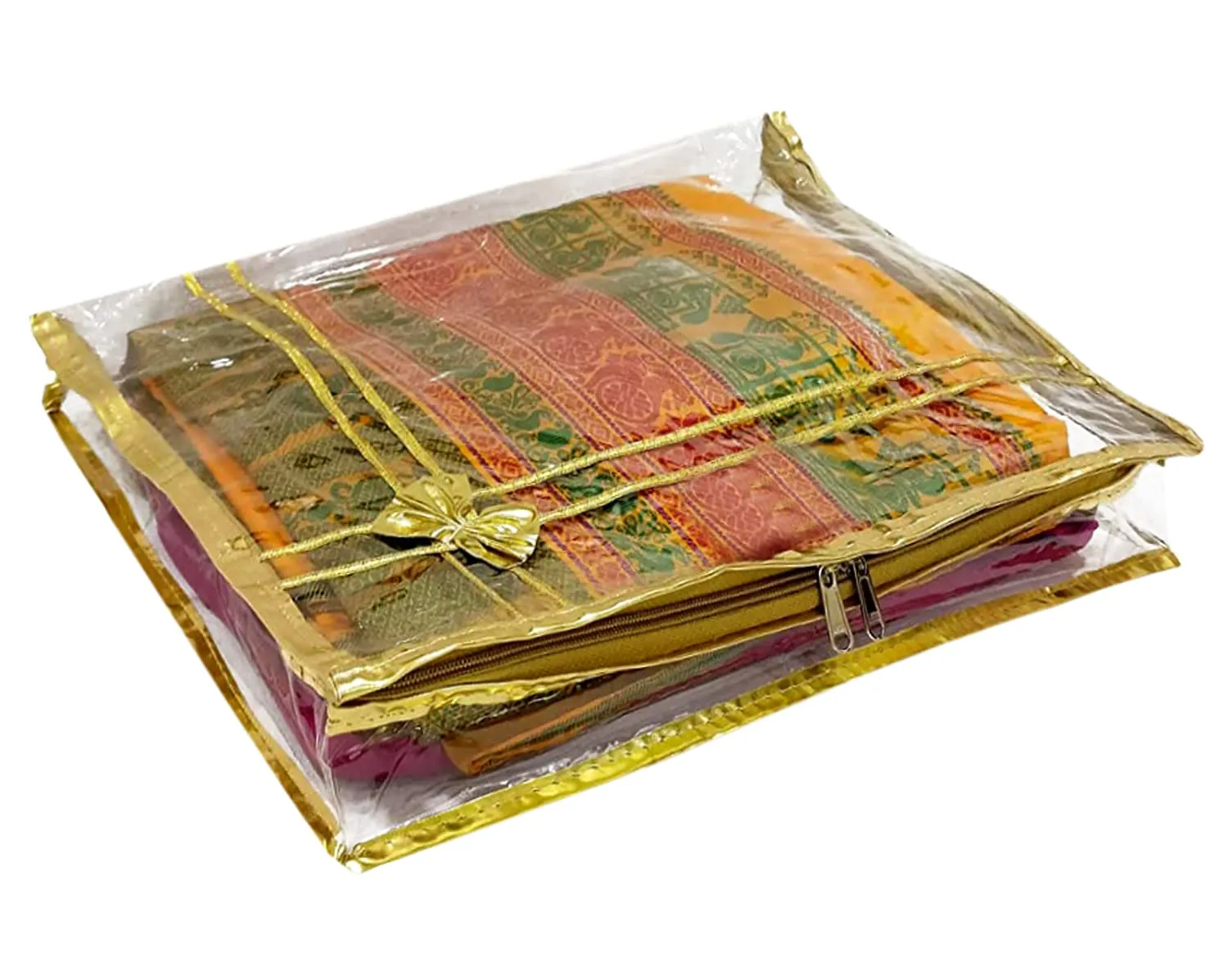 Heart Home Bow Design 3" inch Tranasparent PVC Foldable, Waterproof Saree Cover, Saree Organizer With Golden Border- Pack of 8 (Gold)-HS_38_HEARTH21557