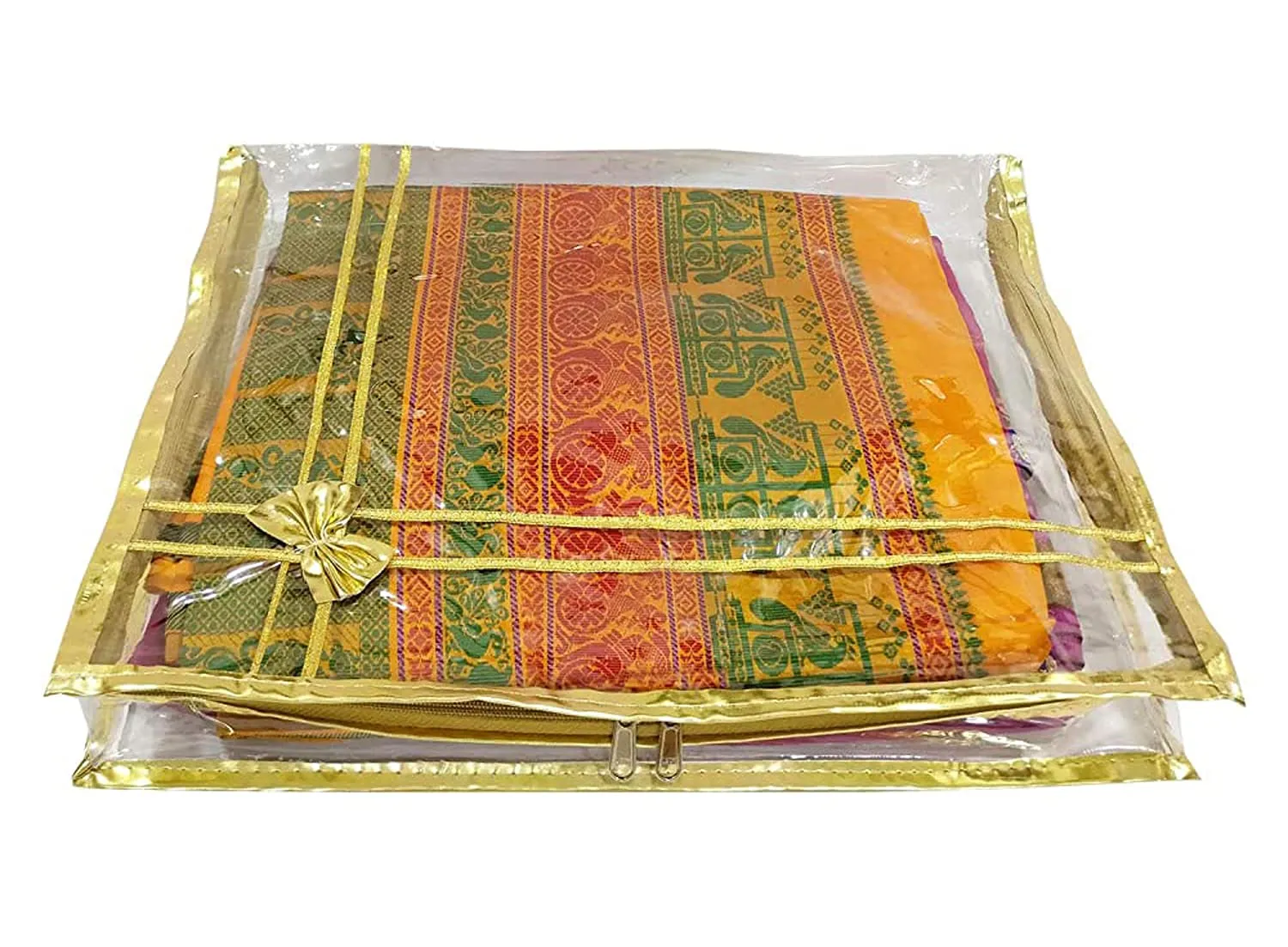 Heart Home Bow Design 3" inch Tranasparent PVC Foldable, Waterproof Saree Cover, Saree Organizer With Golden Border- Pack of 8 (Gold)-HS_38_HEARTH21557