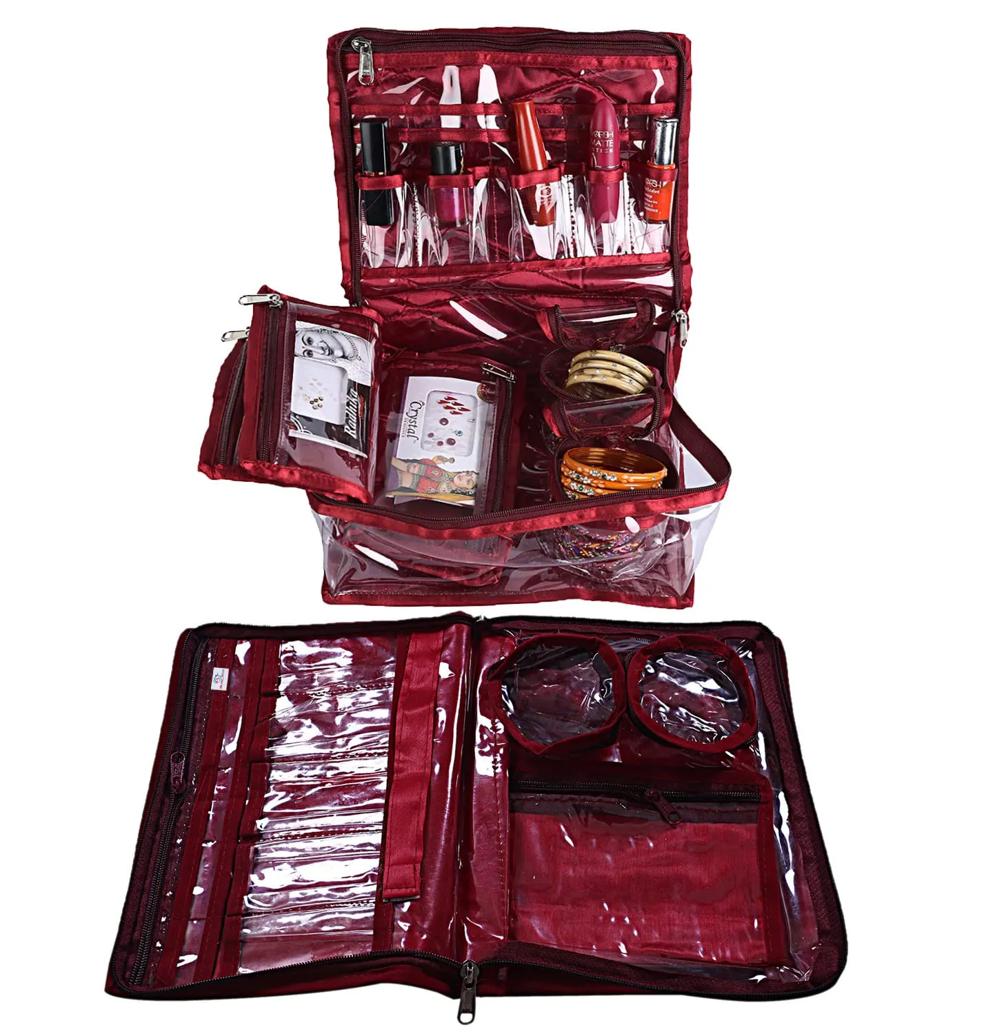 Heart Home Floral Print PVC Laminated Portable Jewellery Organizer With 4 Pouches & 2 Bangle Pouches For Home and Travel Pack of 2 (Maroon)