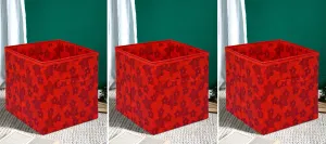 Heart Home Metallic Flower Printed Multipurposes Storage Box/Organizer With Handles- Pack of 3 (Red) -HS43HEARTH26265