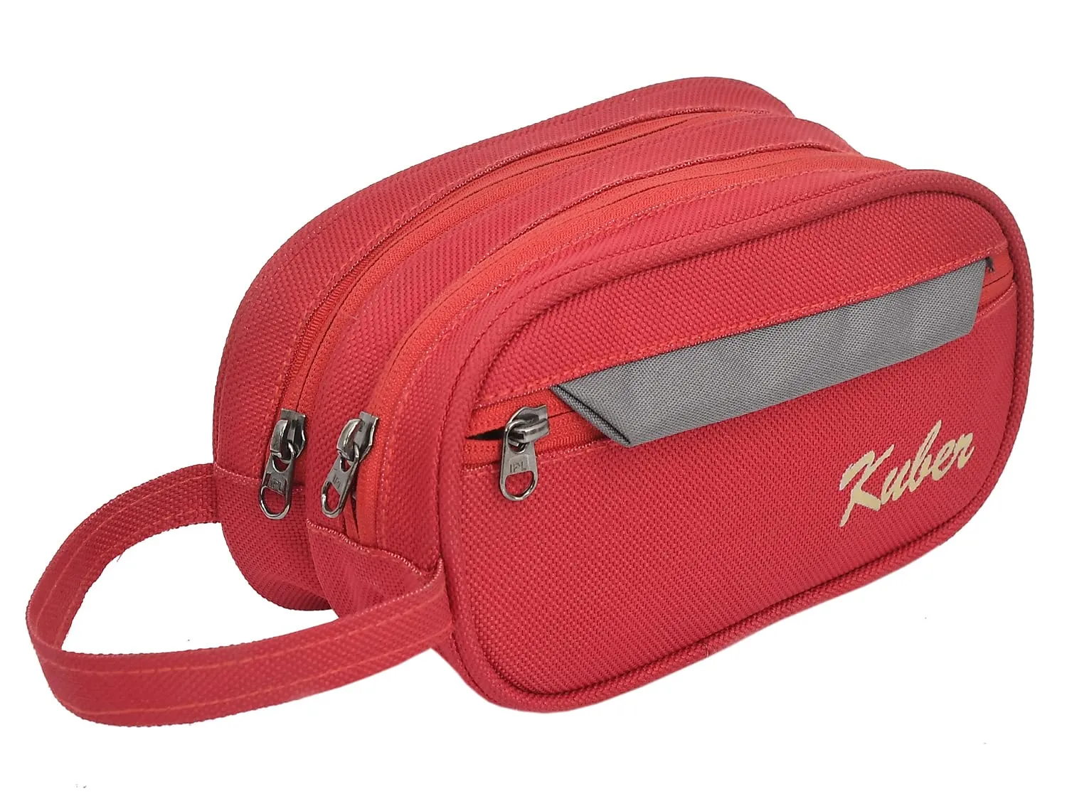 Heart Home Rexine Travel Toilerty bag, Kit For Cosmetic, Jewellery, Shaving Accessories With 3 Zipper Comparment & Carrying Strip (Red)