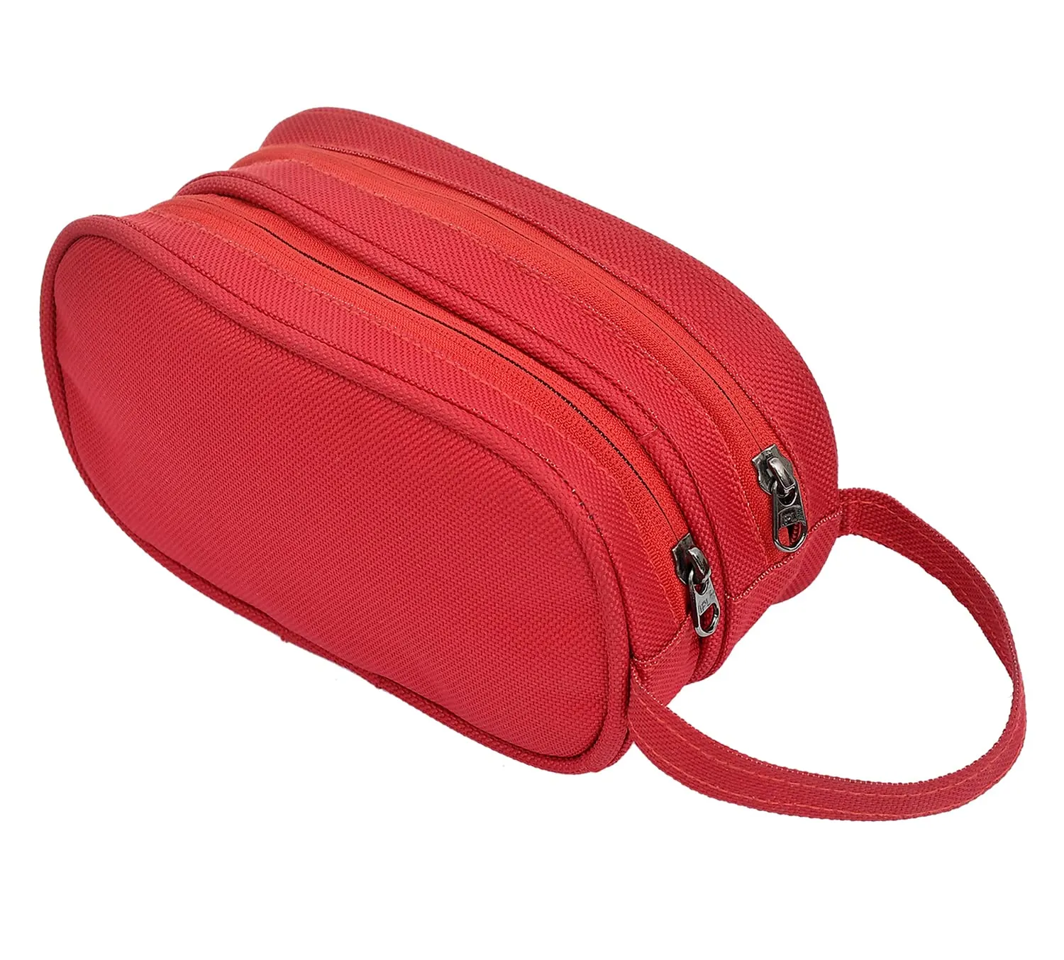 Heart Home Rexine Travel Toilerty bag, Kit For Cosmetic, Jewellery, Shaving Accessories With 3 Zipper Comparment & Carrying Strip (Red)